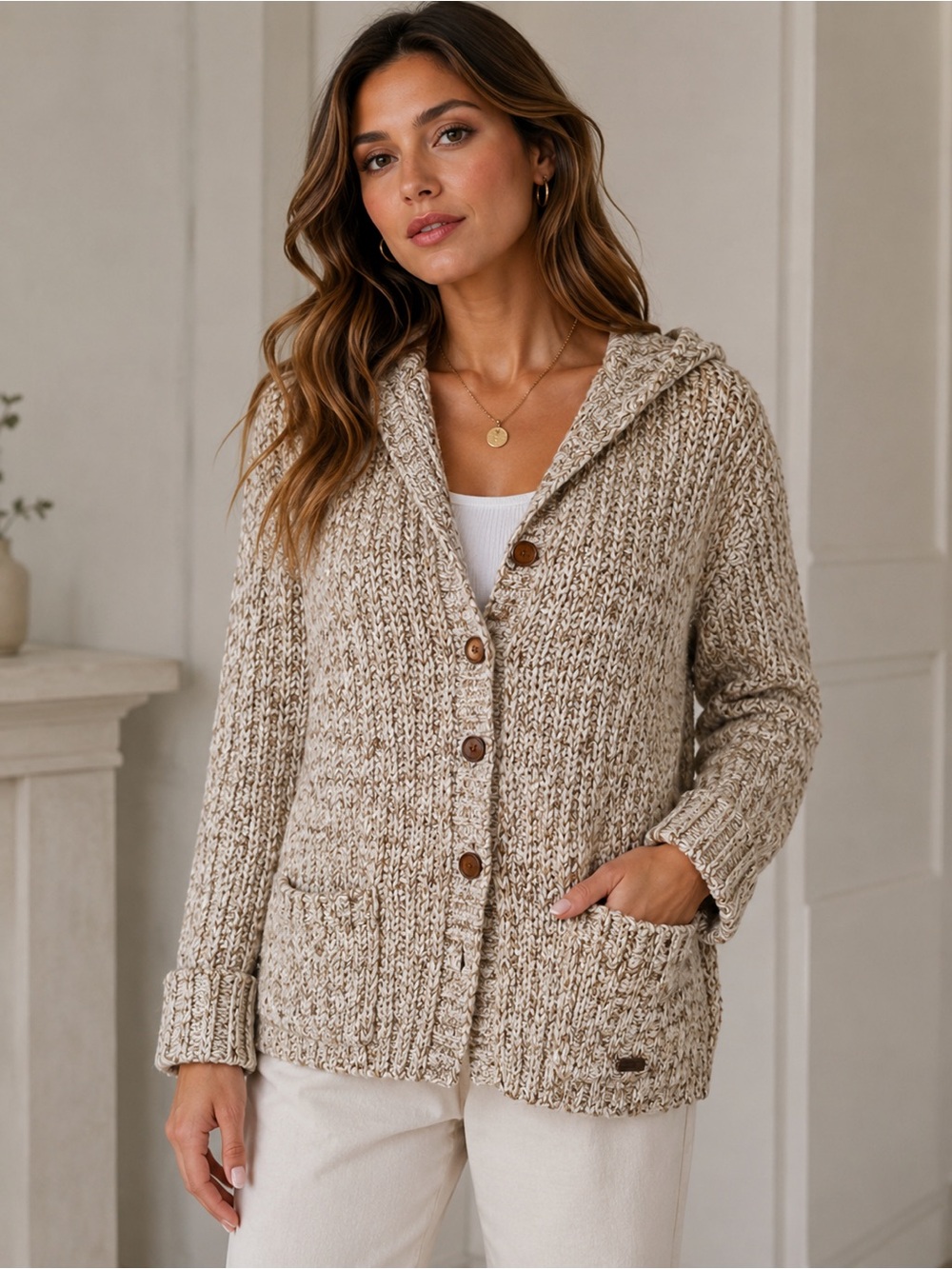 Roxy Marled Chunky Knit Hooded Cardigan Sweater Medium Beige Brown